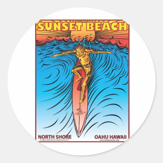 SUNSET BEACH HAWAÏ SURFEN RONDE STICKER (Voorkant)