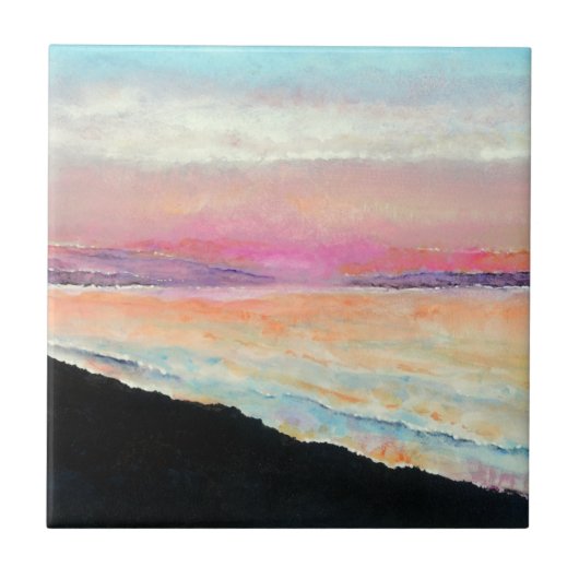 Sunset Beach Lake Pink Blue Painting Tegeltje (Voorkant)