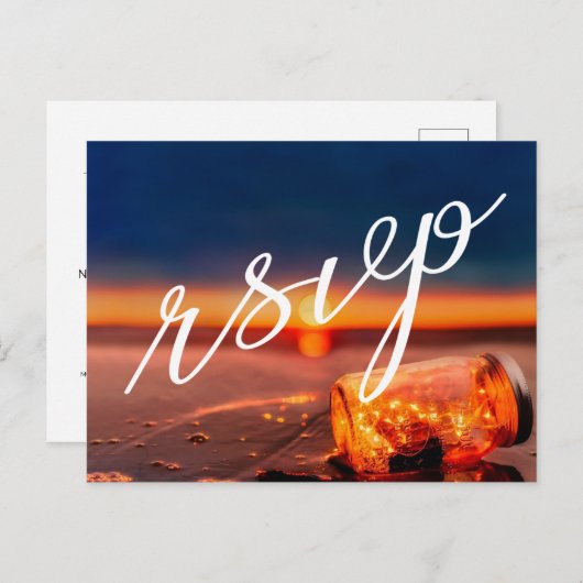 Sunset Beach Mason Jar Blauwe Nacht Bruiloft RSVP Aankondigingskaart (Voorkant / Achterkant)