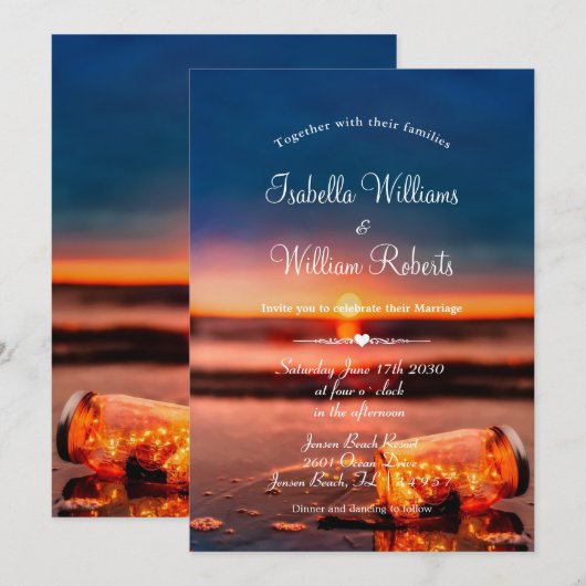 Sunset Beach Mason Jar Blauwe Nachtbruiloft Kaart (Voorkant / Achterkant)