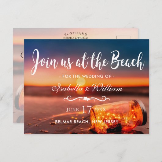 Sunset Beach Mason Jar Blue Night Save the Date Aankondigingskaart (Voorkant / Achterkant)