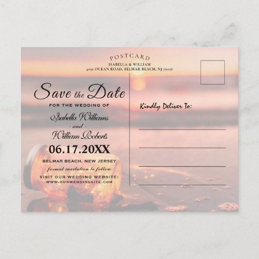 Sunset Beach Mason Jar Blue Night Save the Date Aankondigingskaart (Achterkant)