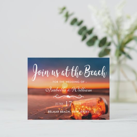 Sunset Beach Mason Jar Blue Night Save the Date Aankondigingskaart (Staand voorkant)