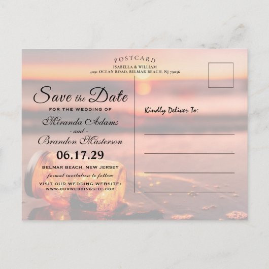 Sunset Beach Mason Jar Blue Night Save the Date Aankondigingskaart (Achterkant)