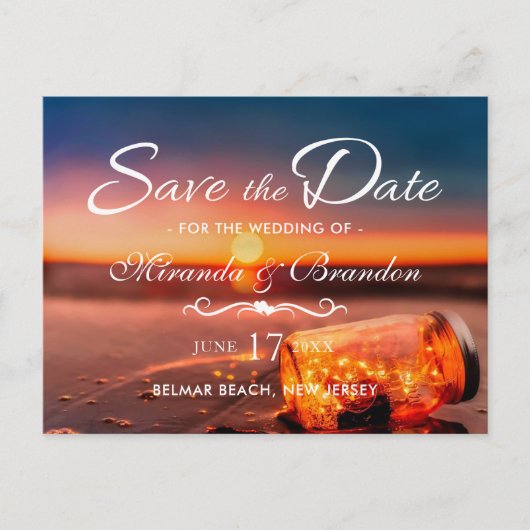 Sunset Beach Mason Jar Blue Night Save the Date Aankondigingskaart (Voorkant)