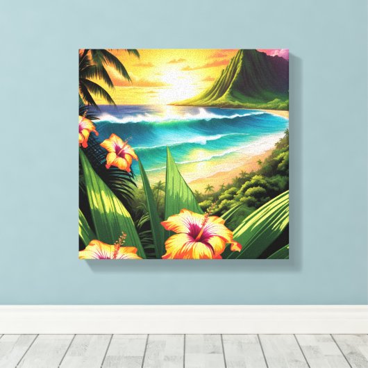 Sunset Beach met bloemen en palmen Canvas Afdruk (Insitu (Houten vloer))