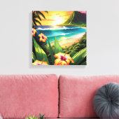 Sunset Beach met bloemen en palmen Canvas Afdruk (Insitu (Woonkamer))