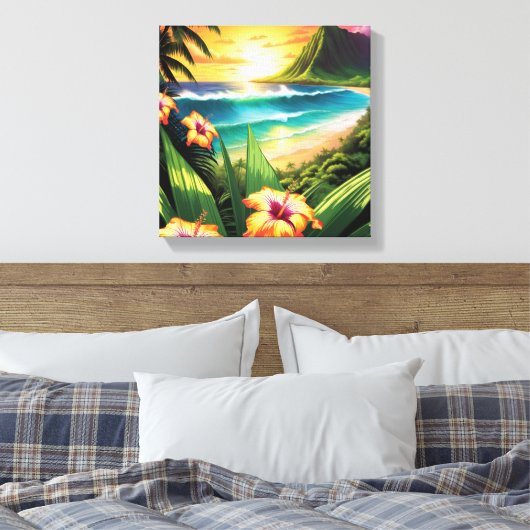 Sunset Beach met bloemen en palmen Canvas Afdruk (Insitu (Slaapkamer))