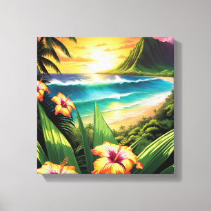 Sunset Beach met bloemen en palmen Canvas Afdruk