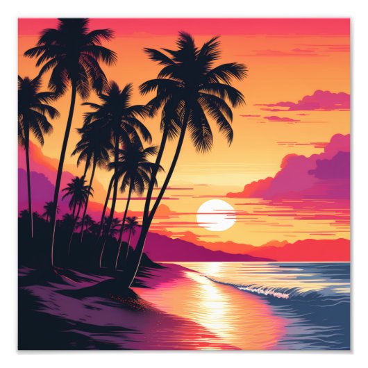 Sunset Beach met palmbomen Foto Afdruk (Voorkant)