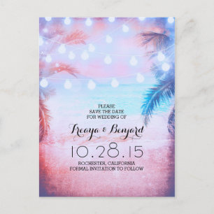Sunset Beach & Palm String Lights Sla de datum op Aankondigingskaart