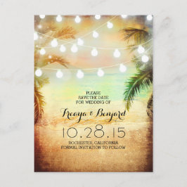 Sunset Beach & Palm String Lights Sla de datum op Aankondigingskaart