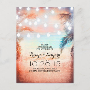 Sunset Beach & Palm String Lights Sla de datum op Aankondigingskaart