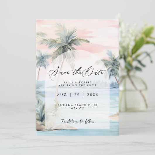 Sunset beach palms bewaar de datumkaart bedankkaart (Staand voorkant)