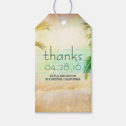 Sunset Beach Palms Bruiloft Dank u Cadeaulabel (Voorkant)