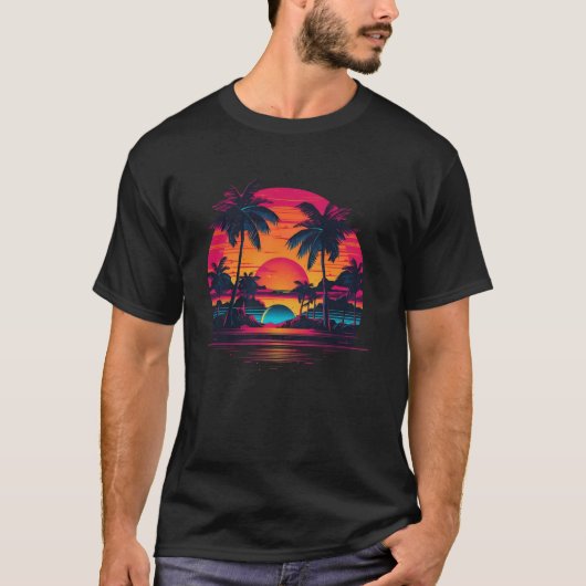 Sunset Beach Retro 80s Synthwave Zomer Vakantie V T-shirt (Voorkant)