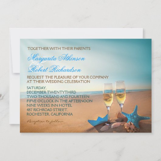 Sunset Beach Romantische Turquoise bruiloft uitnod Kaart (Voorkant)