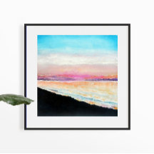 Sunset Beach roze Blue Art Print