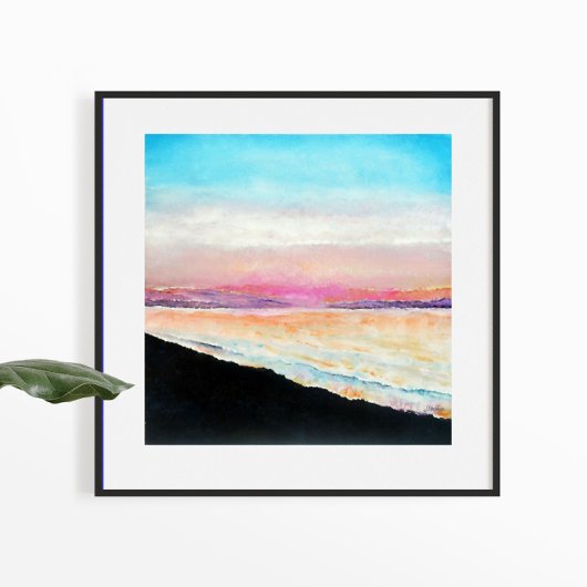 Sunset Beach roze Blue Art Print