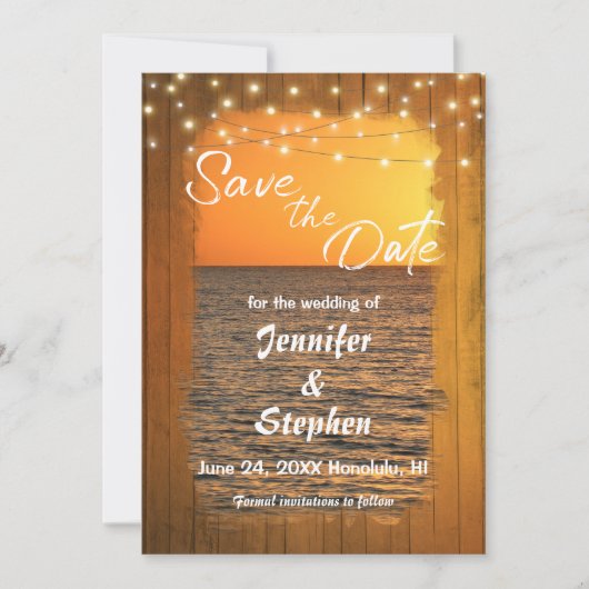 Sunset Beach Rustic Typography Wedding Save the Da Date (Voorkant)