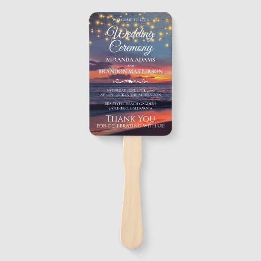 Sunset Beach String Light Summer Wedding Programme Handwaaier (Voorkant)