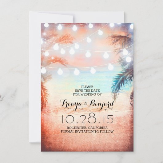 Sunset Beach & String Lights Bewaar de datum Save The Date (Voorkant)