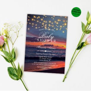 Sunset Beach String Lights Summer Baby shower Kaart