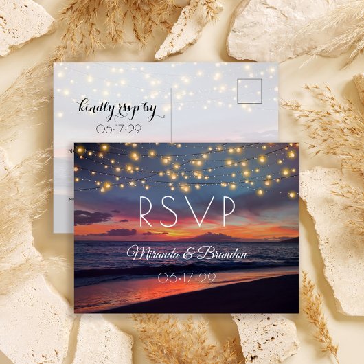 Sunset Beach String Lights Summer Wedding RSVP Briefkaart