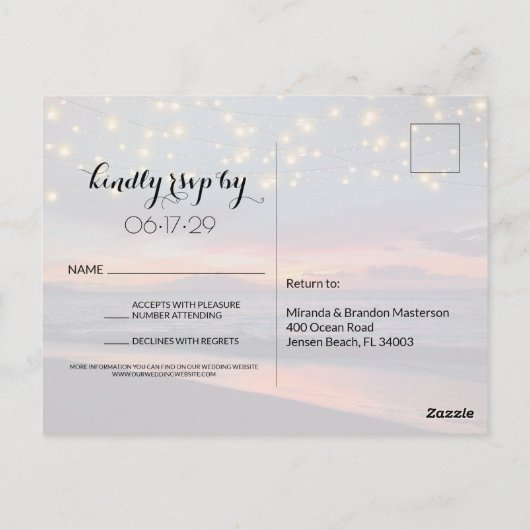 Sunset Beach String Lights Summer Wedding RSVP Briefkaart (Achterkant)