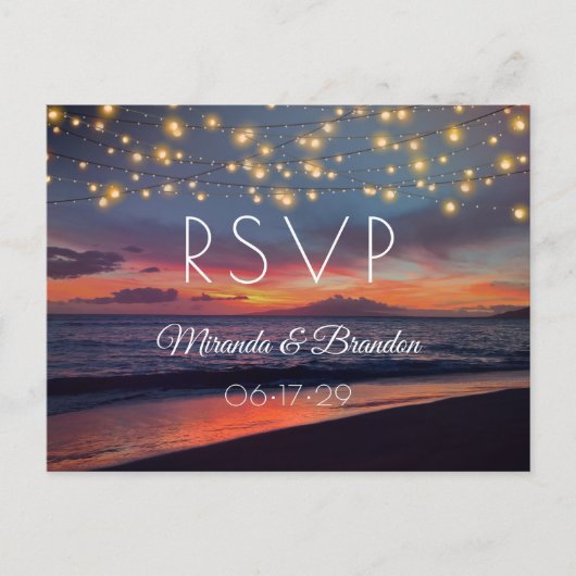 Sunset Beach String Lights Summer Wedding RSVP Briefkaart (Voorkant)