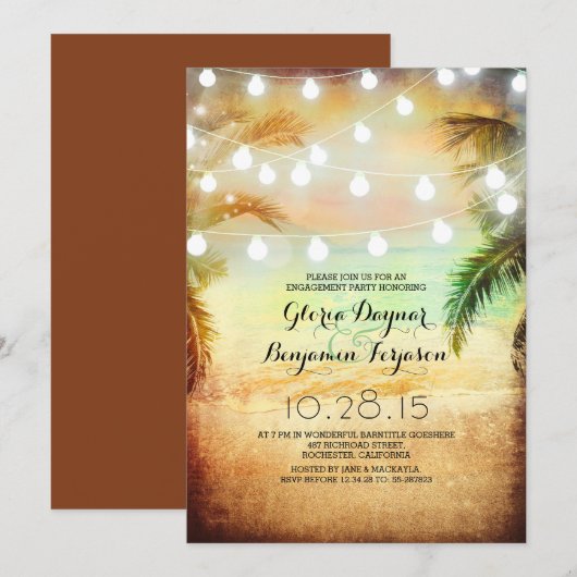 Sunset Beach & String Lights verlovingsfeest Kaart (Voorkant / Achterkant)
