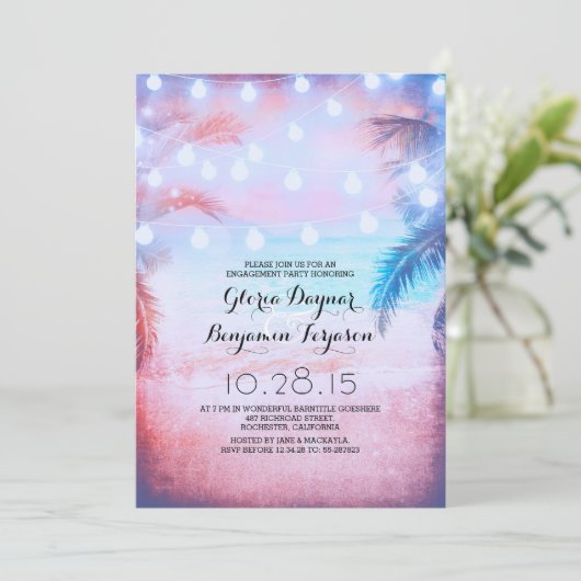 Sunset Beach & String Lights verlovingsfeest Kaart (Staand voorkant)