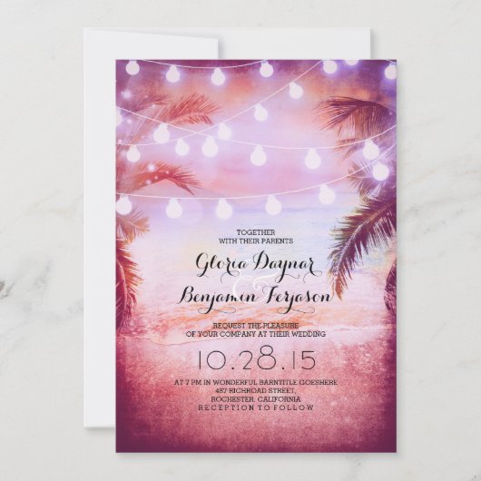 Sunset Beach & String Lights Wedding Invitation Kaart (Voorkant)
