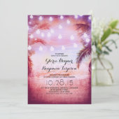 Sunset Beach & String Lights Wedding Invitation Kaart (Staand voorkant)