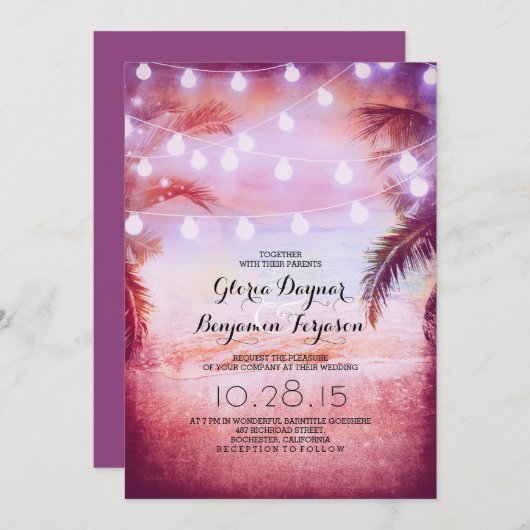 Sunset Beach & String Lights Wedding Invitation Kaart (Voorkant / Achterkant)
