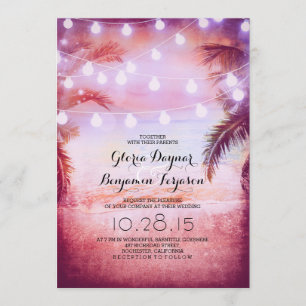 Sunset Beach & String Lights Wedding Invitation Kaart