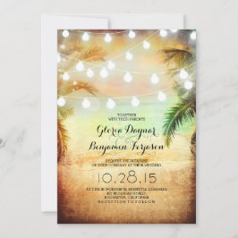 Sunset Beach & String Lights Wedding Invitation Kaart