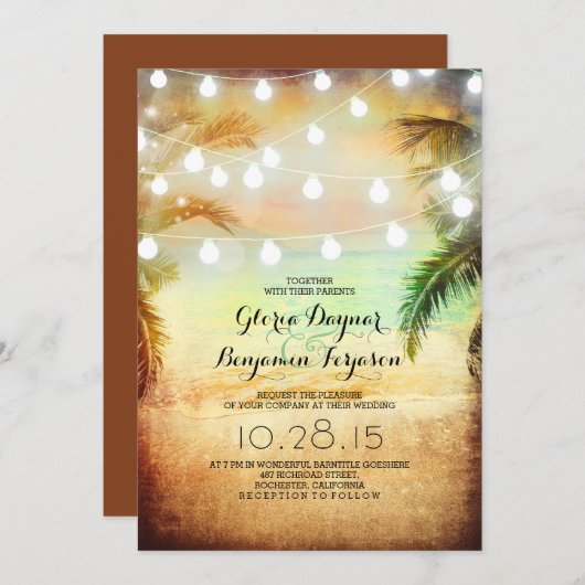 Sunset Beach & String Lights Wedding Invitation Kaart (Voorkant / Achterkant)