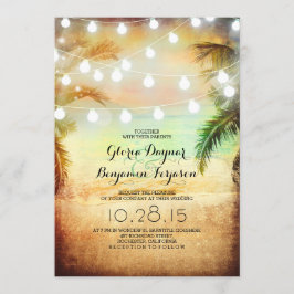 Sunset Beach & String Lights Wedding Invitation Kaart