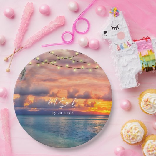 Sunset Beach String Lights Wedding Papieren Bordje (Feest)