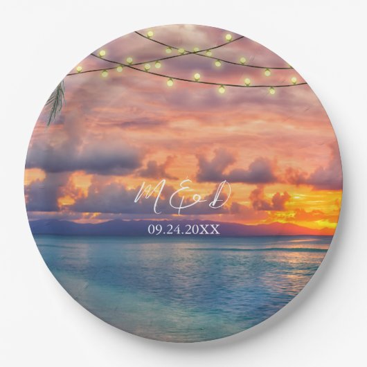 Sunset Beach String Lights Wedding Papieren Bordje (Voorkant)
