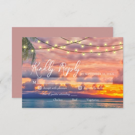 Sunset Beach String Lights Wedding RSVP Kaart (Voorkant / Achterkant)