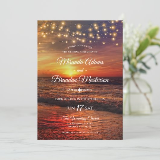 Sunset Beach String Lights Zomer bruiloft ceremoni Kaart (Staand voorkant)