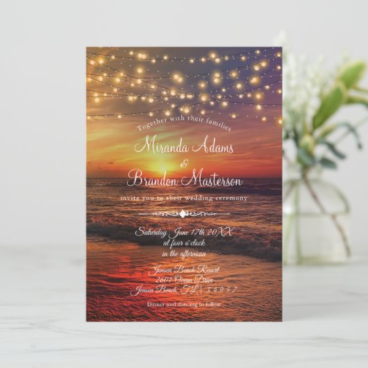 Sunset Beach String Lights Zomer bruiloft ceremoni Kaart (Staand voorkant)