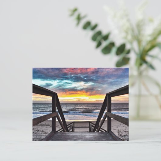 Sunset Beach Uitzicht from Rustic Wood Deck Briefkaart (Staand voorkant)