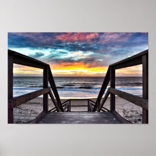 Sunset Beach Uitzicht from Rustic Wood Deck Poster
