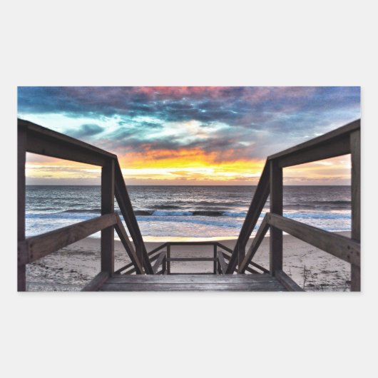 Sunset Beach Uitzicht from Rustic Wood Deck Rechthoekige Sticker (Voorkant)