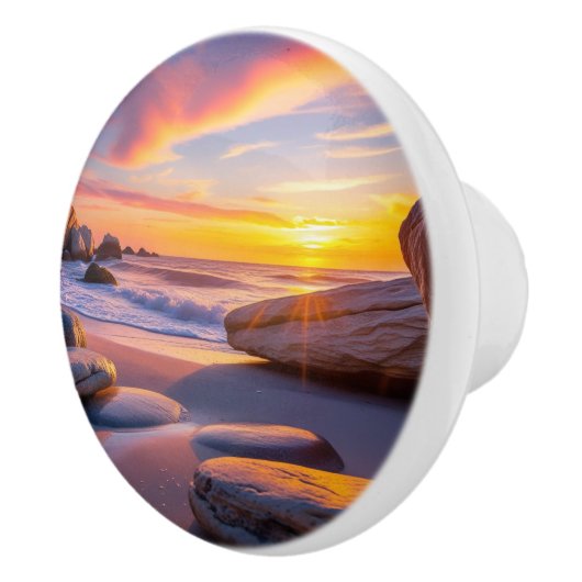 Sunset Beach Uitzicht vanaf Rocky Shore Keramische Knop (Rechts)