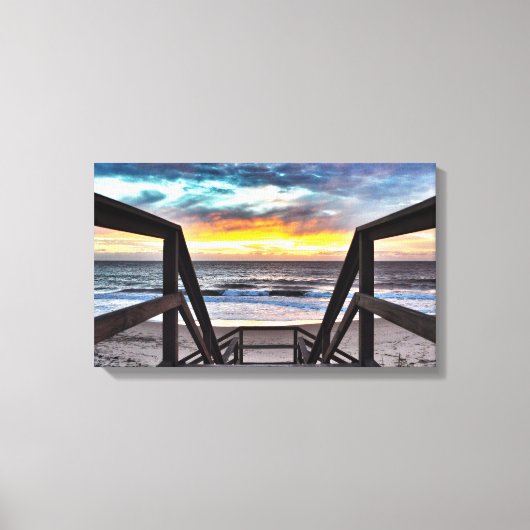 Sunset Beach View from Rustic Wood Deck Canvas Afdruk (Voorkant)