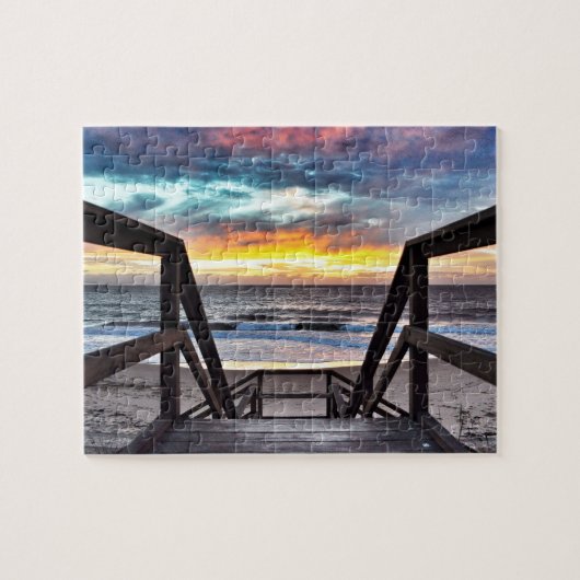 Sunset Beach View from Rustic Wood Deck Legpuzzel (Horizontaal)
